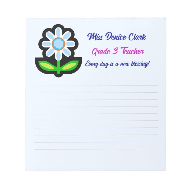 Bloc-notes bleu enseignant avec fleurs bleues (Devant)