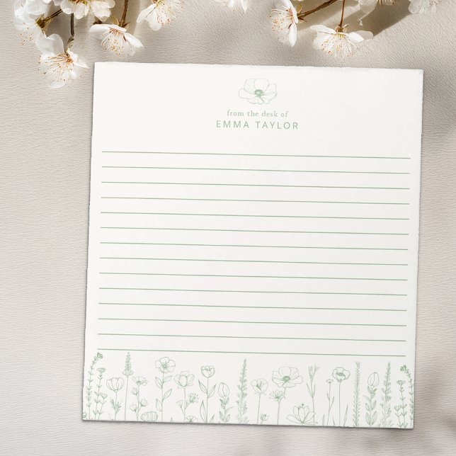 Bloc-notes de bureau personnalisé Fleur sauvage Ve (Sage Green Paper Pad)