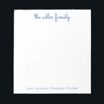 Bloc-notes de la famille bleu clair de script simp<br><div class="desc">Bloc-notes pour la famille - Parfait pour les notes et les listes quotidiennes. Personnalisé avec le nom de famille en haut et fini avec le prénom de votre famille en bas. La couleur peut facilement être changée.</div>