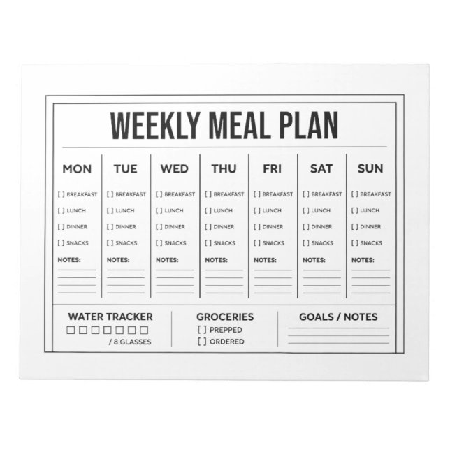 Bloc-notes de plan de repas hebdomadaire noir et b (Devant)