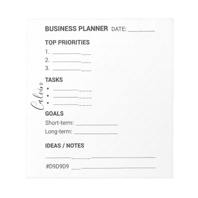 Bloc-notes de planificateur d'entreprise blanc et  (Devant)