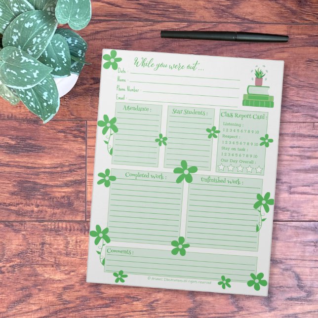 Bloc-notes de rapport de remplacement de plante ve (While you were out green notepad for teachers .)