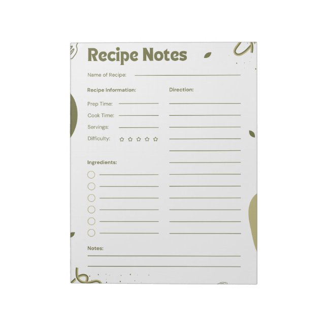 Bloc-notes de recettes esthétique simple vert pour (Tourné)