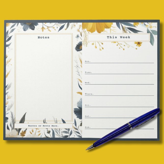 Bloc-notes du calendrier hebdomadaire Marine Blue  (Gold and Blue Floral Custom Weekly Calendar with Notes Section)