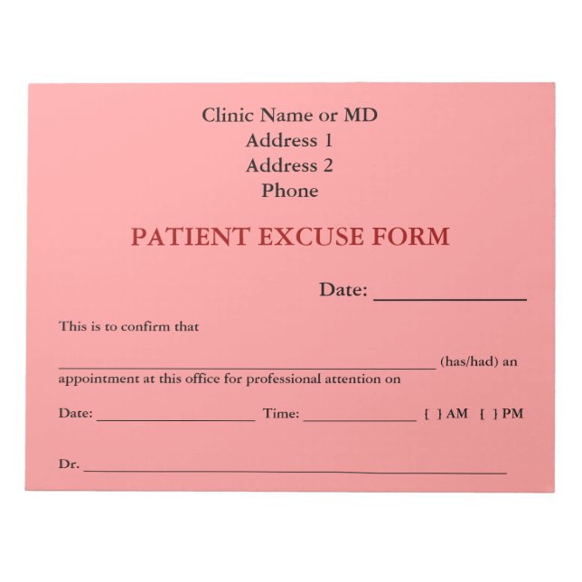 Bloc-notes du formulaire d'excuses du patient (ros (Devant)