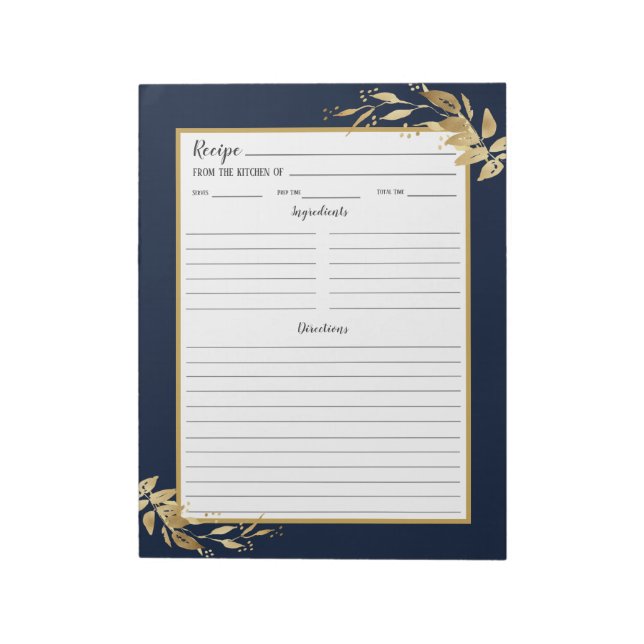 Bloc-notes élégant Marine Blue Gold Foliage Recett (Tourné)