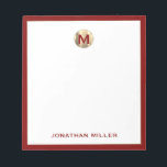 Bloc-notes en or brossé rouge<br><div class="desc">Améliorez votre jeu de prise de notes avec ce luxueux bloc-notes personnalisé avec un monogramme d'or métallique brossé initial en haut et votre nom en typographie classique en bas, élégamment encadré en garniture rouge. Idéal pour faire la recherche d'idées, prendre des notes ou faire des listes, ce bloc-notes est un...</div>