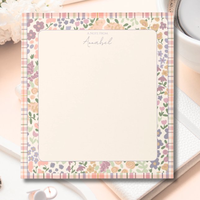 Bloc-notes fleuri à carreaux pastel avec personnal (Plaid Floral Personalized Notepad)