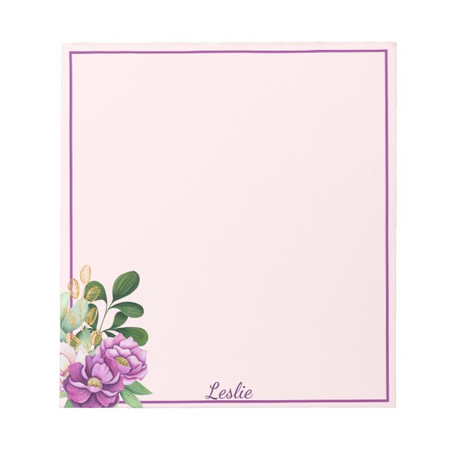 Bloc-notes floral avec nom personnalisé Joli pourp (Devant)