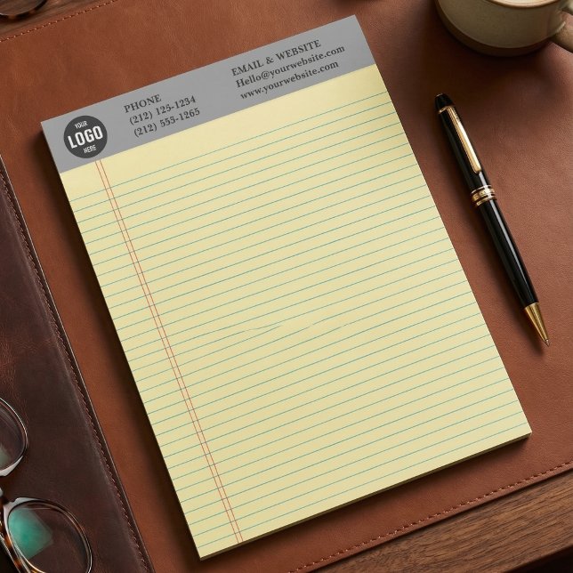Bloc-notes gris personnalisé avec logo d'entrepris (Professional Custom Business Logo Notepad with Yellow Ruled Lines)