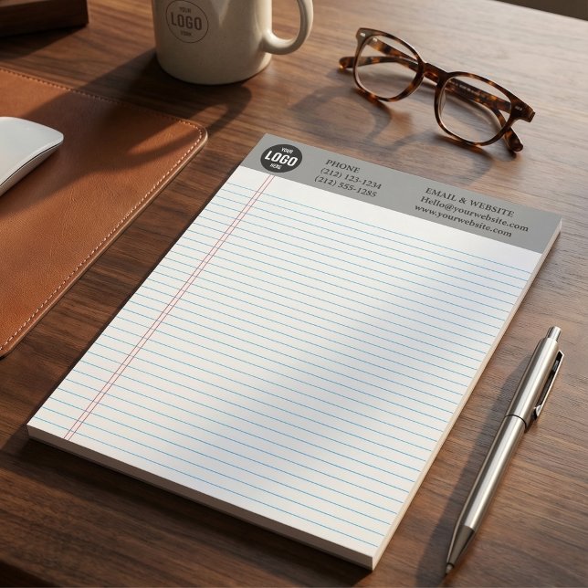 Bloc-notes gris personnalisé avec logo d'entrepris (Professional Custom Business Logo Notepad with Blue Ruled Lines)