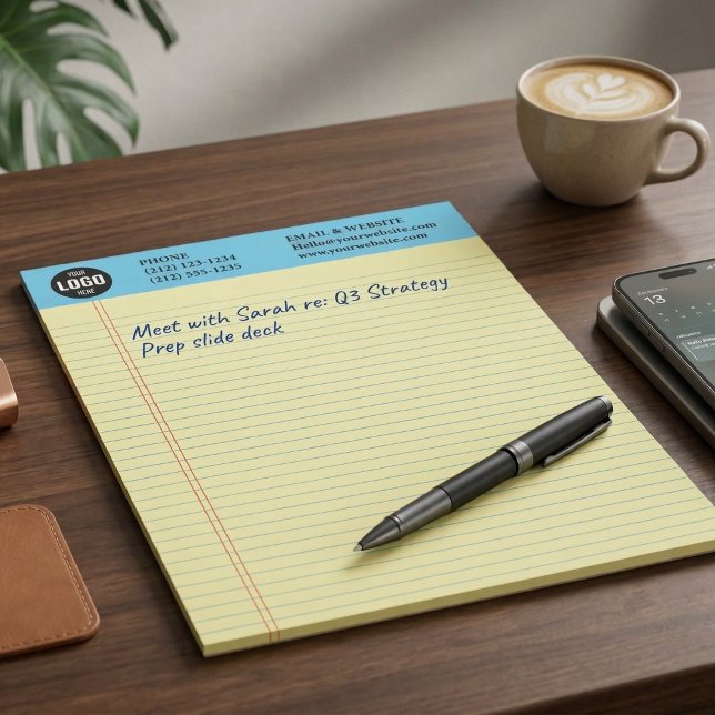 Bloc-notes jaune de logo d'entreprise personnalisé (Professional Custom Business Logo Notepad with Blue Ruled Lines)