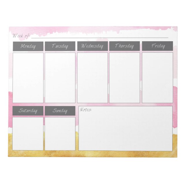 Bloc-notes Motif hebdomadaire rose et or (Devant)