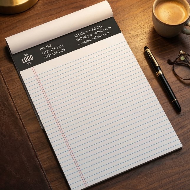 Bloc-notes noir personnalisé avec logo d'entrepris (Custom Business Logo Notepad with Blue Ruled Lines)