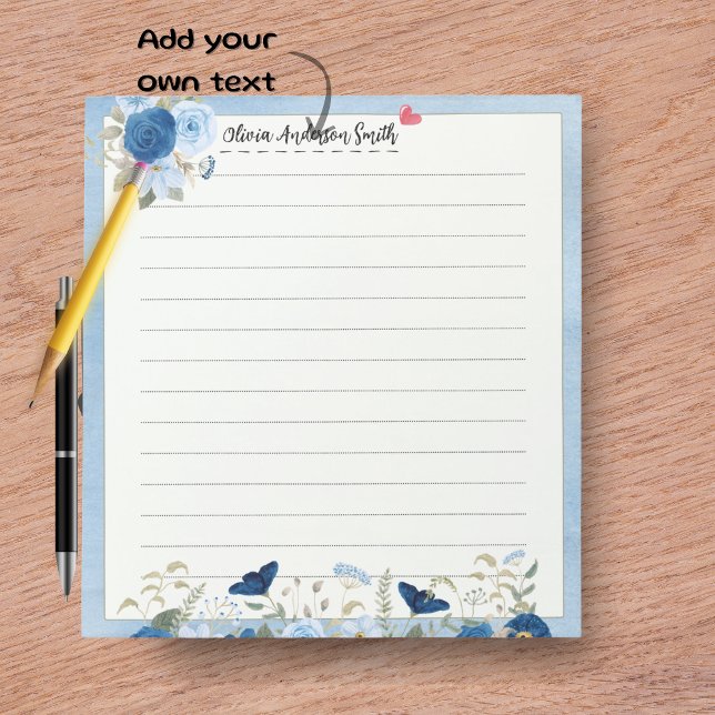 Bloc-notes personnalisé à cœur floral beige bleu (Blue Beige Floral Heart Custom Name Notepad)