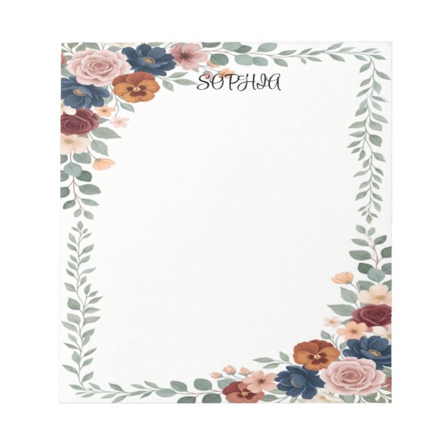 Bloc-notes personnalisé bleu marine floral Boho (Devant)
