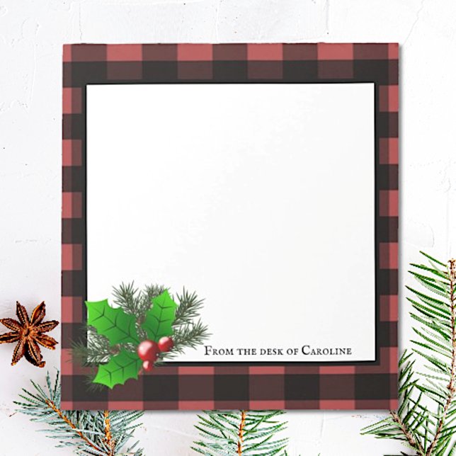 Bloc-notes personnalisé de Noël Holly Buffalo (Red Christmas Holly Buffalo Plaid Personalized Notepad)