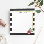 Bloc-notes personnalisé noir et rose<br><div class="desc">Le bloc-notes floral moderne présente des rayures noires et blanches chic avec une jolie fleur de couleur aquarelle et des accents faux or. Customisez avec un monogramme,  un nom ou un texte de votre choix !</div>