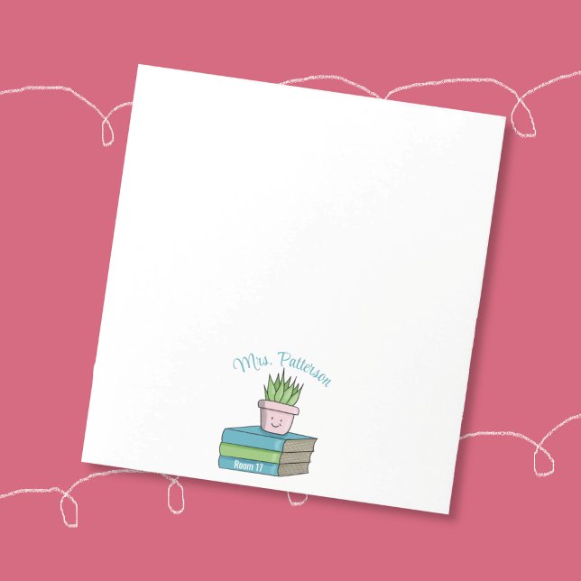 Bloc-notes personnalisé pour enseignant avec livre (Cute book and house plant doodle personalized teacher notepad .)