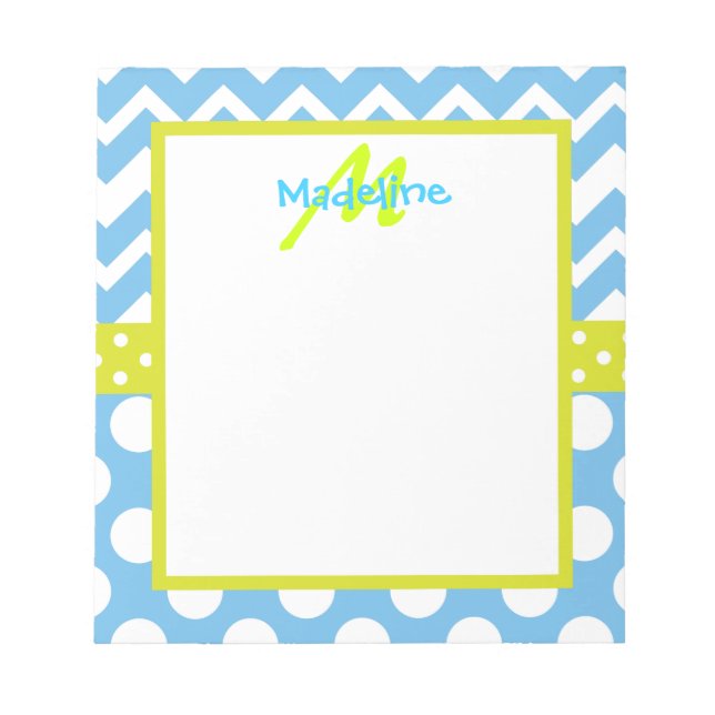 Bloc-notes Pois Monogramme Lime et bleu Chevron (Devant)