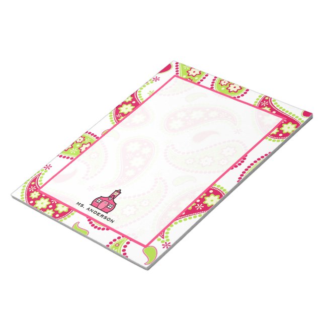 Bloc-notes pour enseignant rose et vert Paisley (Incliné)