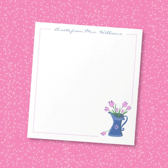 Bloc-notes pour remerciement professeur Bouquet (Pretty pink tulip bouquet in a blue jug personalized notepad . )