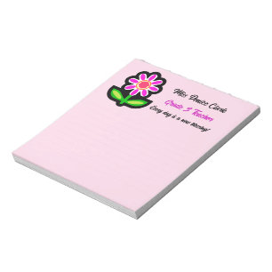 Bloc-notes rose enseignant avec fleurs roses