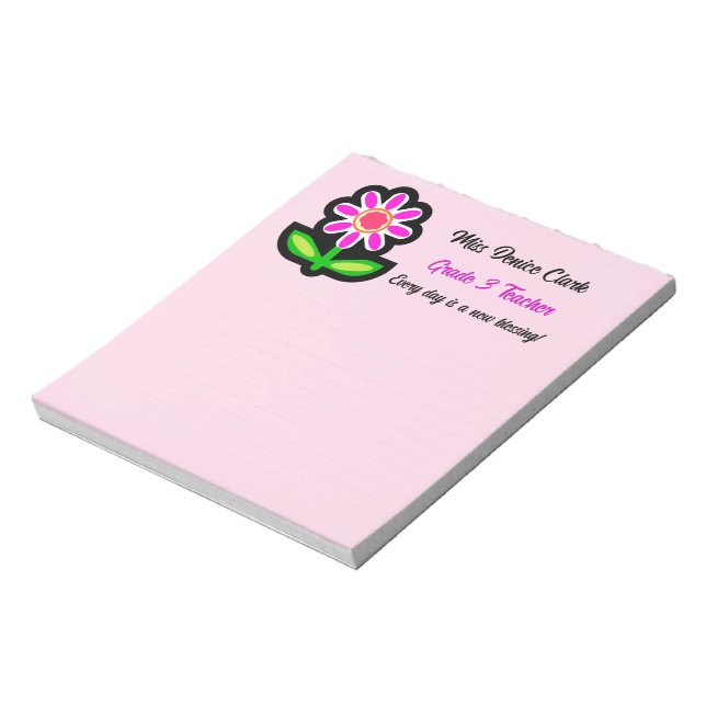 Bloc-notes rose enseignant avec fleurs roses (Tourné)