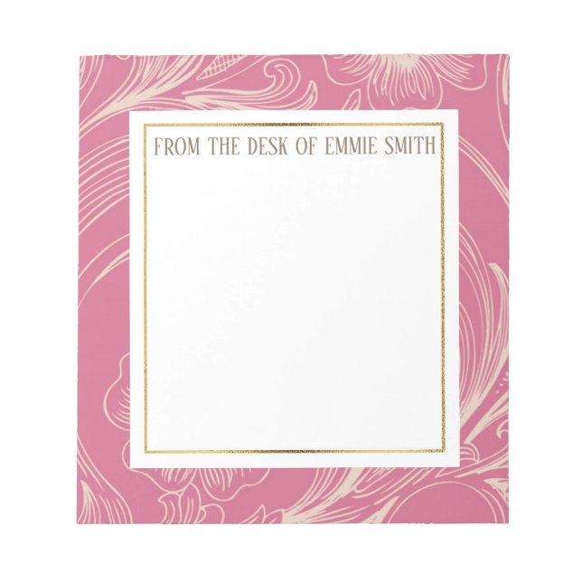 Bloc-notes rose floral blanc et or personnalisé (Devant)