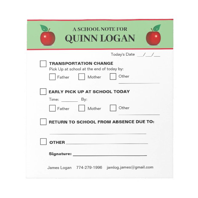 Bloc-notes scolaire pour Quinn Logan (Devant)