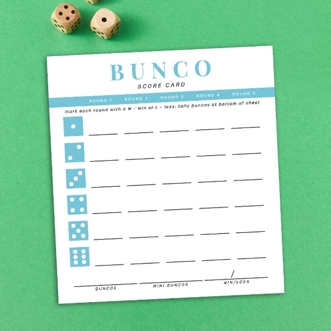 Bloc-notes simple Sky Blue Bunco (modern tear-off notepad Bunco score card with sky blue dice graphics and accents )