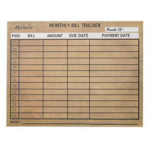 Bloc-notes vintage tendance Monthly Bill Tracker P