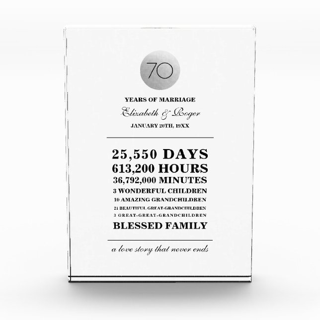 Bloc Photo 70e anniversaire du Mariage Plaque cadeau personna (Devant)