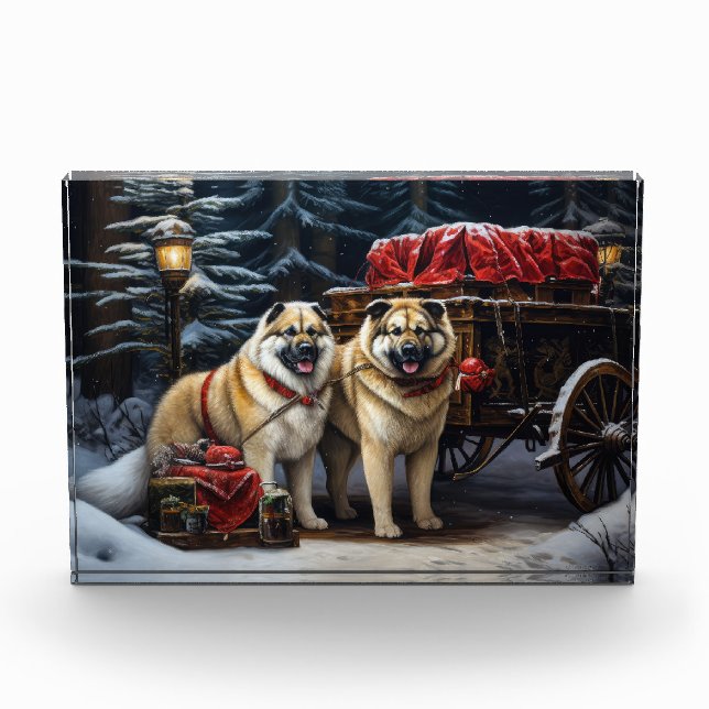 Bloc Photo American Akita Snowy Sleigh Ride Décor de Noël (Devant)