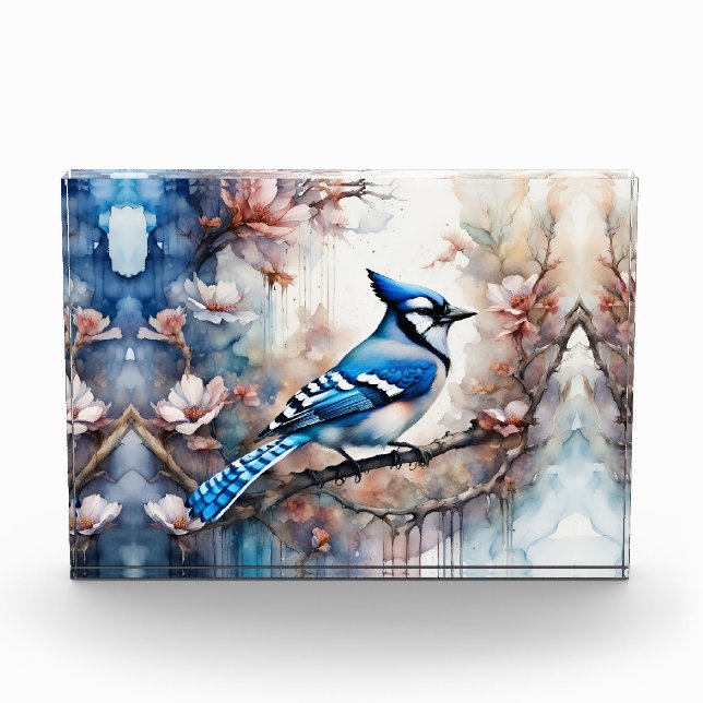 Bloc Photo Aquarelle bleu Jay Cherry Blossoms (Devant)