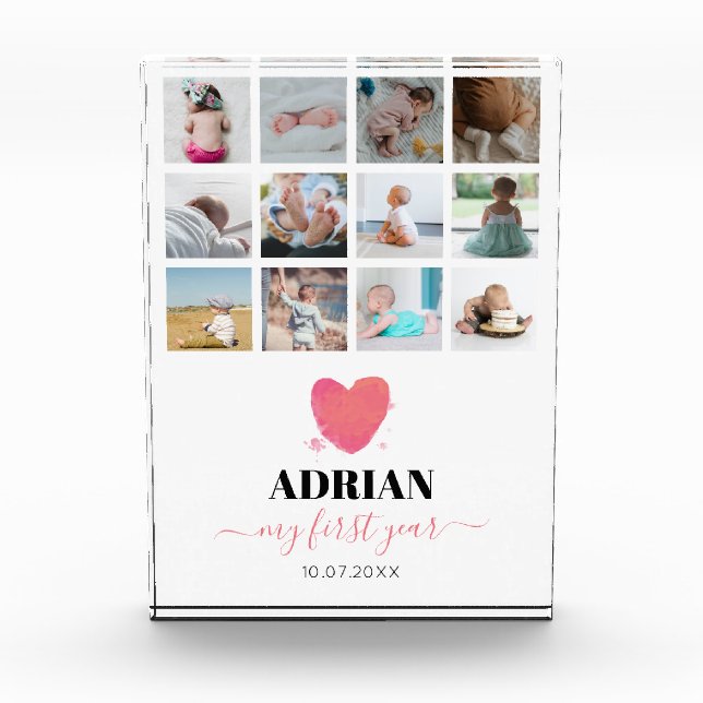 Bloc Photo Aquarelle Coeur bébé première année photo Collage (Devant)