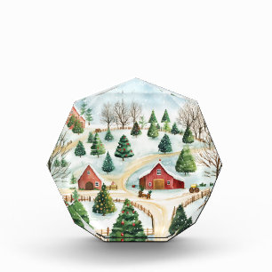 Bloc Photo Aquarelle Hiver Paysage rustique avec Fir Trees
