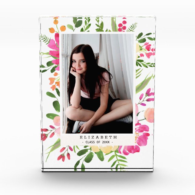 Bloc Photo Aquarelle rose Cadre Floral Graduation personnalis (Devant)