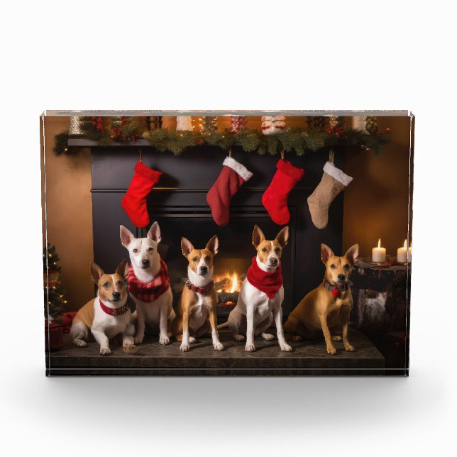 Bloc Photo Basenji au coin du feu Noël (Devant)