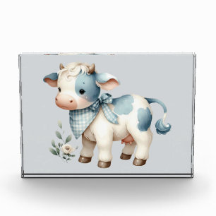 Bloc Photo Bébé Vache Pastel à Carreaux Bleus Esthétique de F