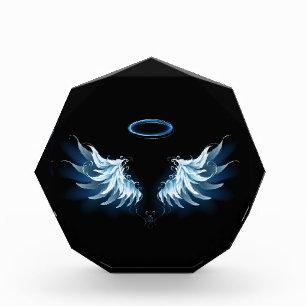 Bloc Photo Blue Glowing Angel Wings on black background