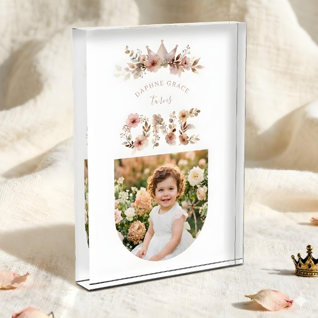 Bloc Photo Boho Floral One Word Pink First Birthday  (Boho Floral Acrylic First Birthday Photo Block with Romantic Watercolor Number One, Wildflower Frame)