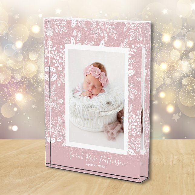Bloc Photo Botanique blanche sur rose (White leaves and dots on baby pink personalized acrylic photo block)