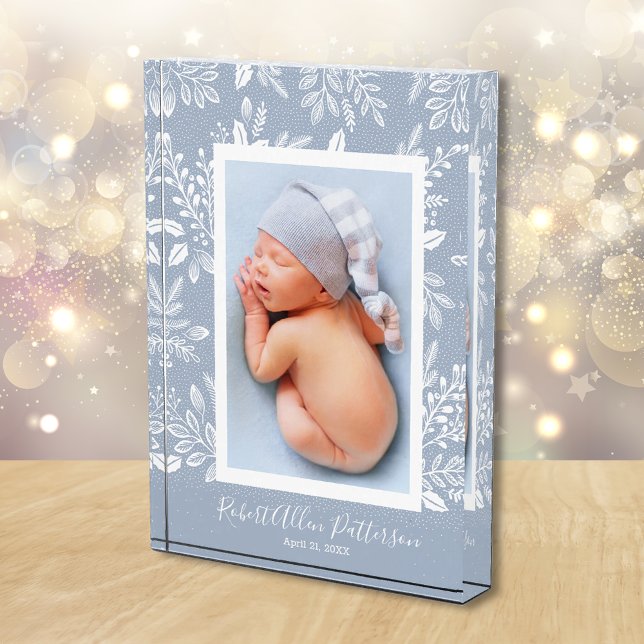 Bloc Photo Botanique blanche sur Sky Blue Custom (White leaves and dots on sky blue personalized custom photo acrylic block)
