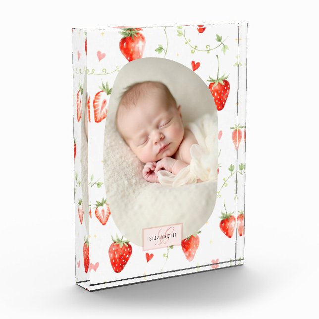 Bloc Photo Botanique de fraise bébé monogramme doux de baie (Gauche)