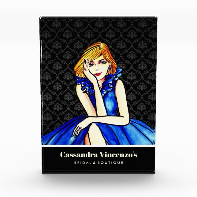 Bloc Photo Bridal Dark Royal Blue Cocktail Gown Black Damask (Devant)