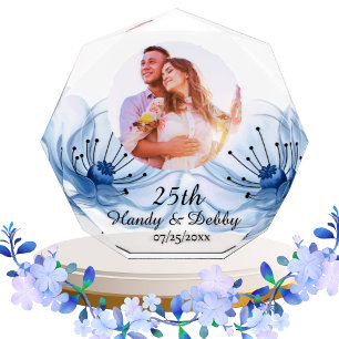 Bloc Photo Cadeau de mariage commémoratif 25 ans Fleurs Bleue