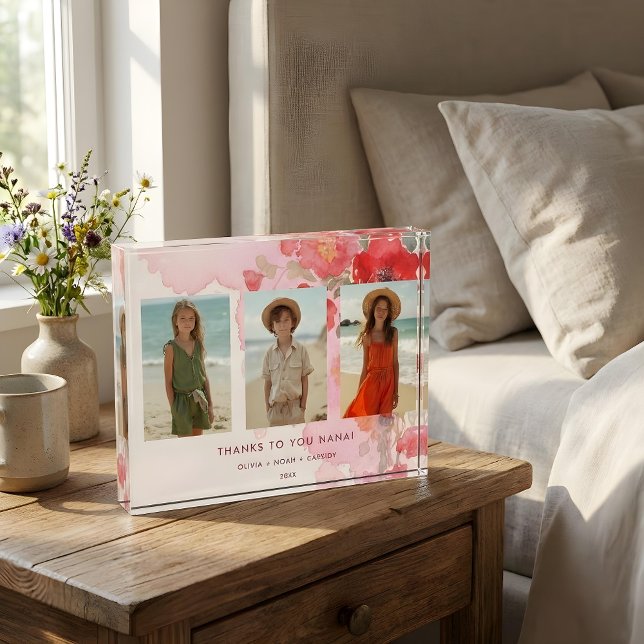 Bloc Photo Charming Floral 3-Photo Collage Family Keepsake (Charming Floral Three Photo Family Keepsake with Mom Nan Dad Photo Block Memories.)