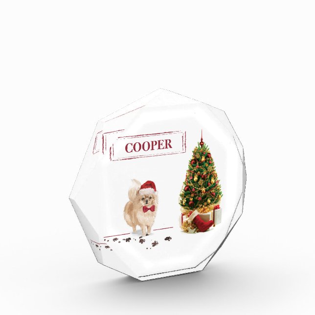 Bloc Photo Chien de Noël poméranien drôle avec arbre (Gauche)