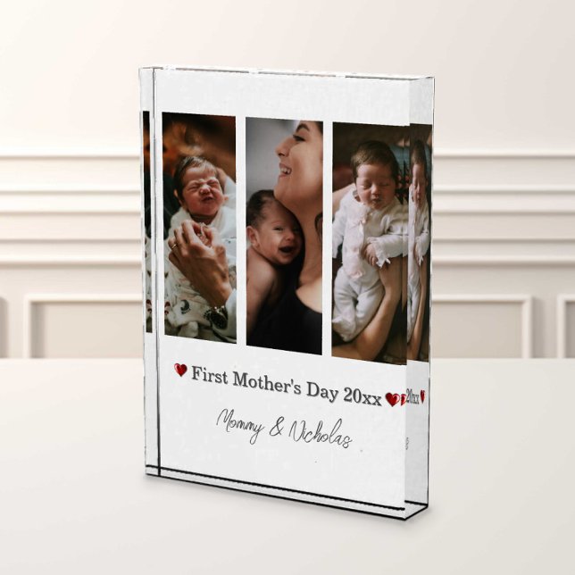 Bloc Photo Collage photo de la troisième journée de la premiè (White First Mother's Day Three Photo Collage Photo Block)
